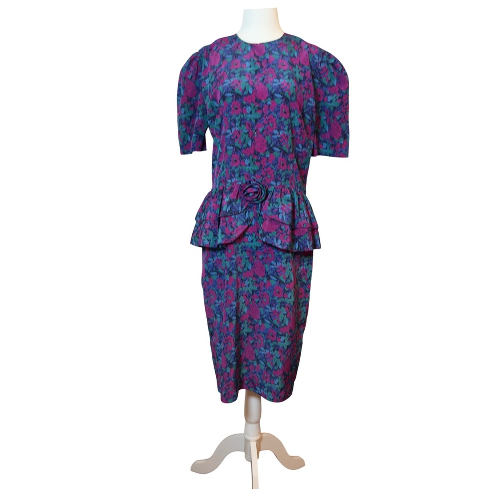 Vintage 80s Jody California Floral Peplum Midi Dress Puff Sleeve Cottagecore